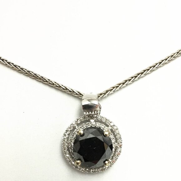 1.88 CTW Black Diamond and White Halo Diamond 14K White Gold Pendant & 14K Chain - Picture 1 of 11